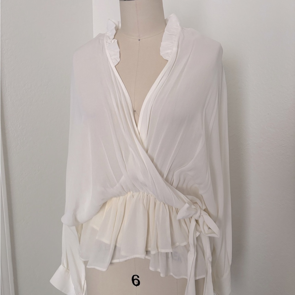 Zara Women’s Blouse - Semi Sheer Draped with Cinched and Waist Tie- Size S